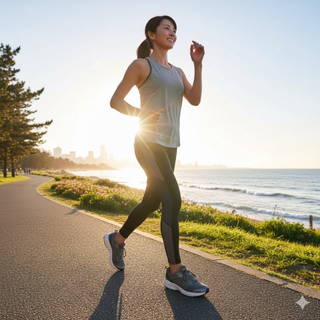 ビーチ沿いの遊歩道を笑顔でウォーキングする日本人女性。早朝の柔らかな日差しが差し込み、活気と健康的なライフスタイルを表現している。