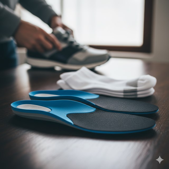 木製のテーブルの上に、スポーツ用の高機能インソールと白い靴下が置かれている。背景では、人がウォーキングシューズを履いている様子がぼかして写っている。