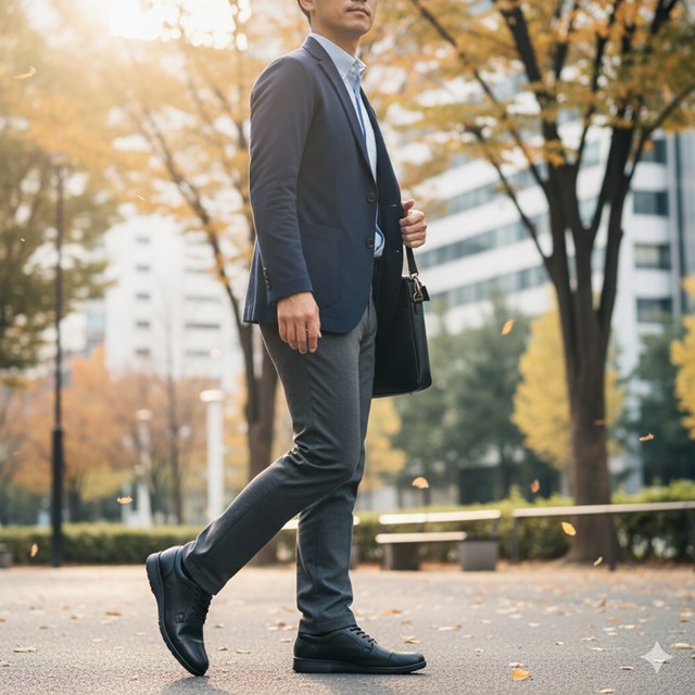 秋の公園を歩くビジネスマン。スーツとビジネスカジュアルなウォーキングシューズを着用し、手にはビジネスバッグを持っている。紅葉が始まった木々が背景にある。
