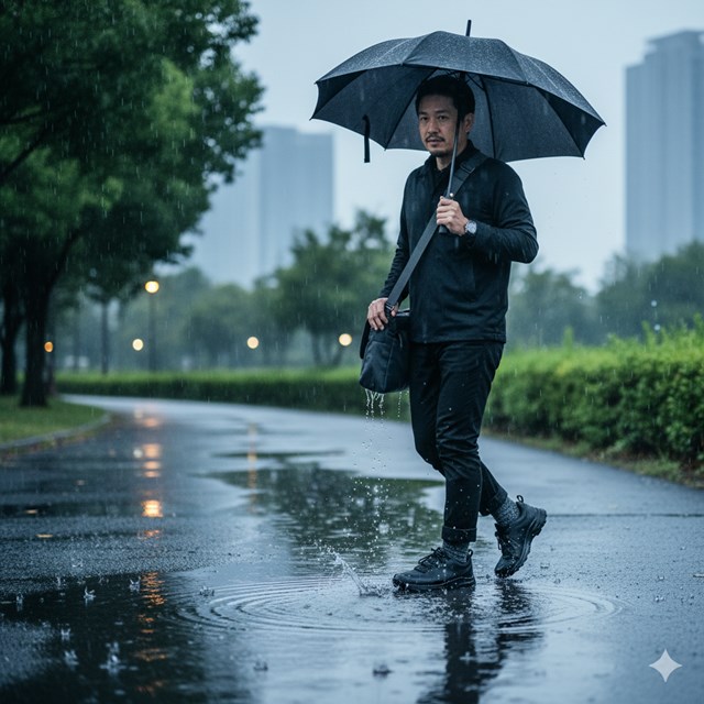 雨の中、傘をさして水たまりを避けながら歩く男性。彼は防水性のウォーキングシューズを履いており、都市の公園のような場所で、背景にはビルが見える。