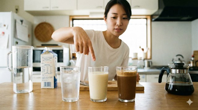 3つのグラスに、水割り（薄い）、牛乳割り（濃厚）、コーヒー割り（モカ色）のプロテインが並び、それぞれ異なる飲み方を提案している。