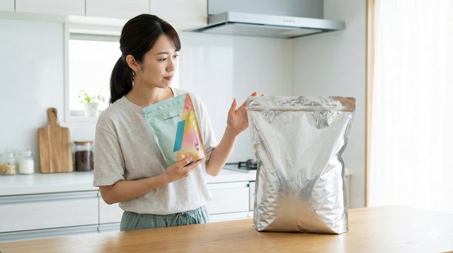 マイプロテインの小分けされたお試しサイズ（250gの小袋）と、大容量の5kgパックが比較されて置かれている。安全な選び方を示す。