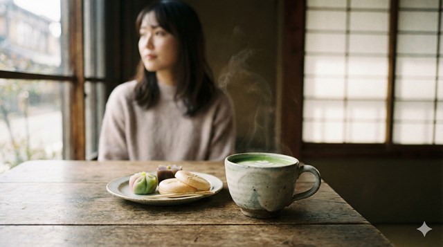 抹茶ラテ味のマイプロテインが注がれた和風のマグカップと、横に添えられた和菓子。落ち着いたカフェのような雰囲気。