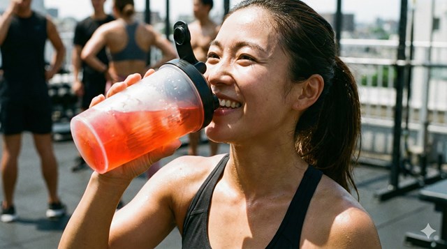 日本人女性が笑顔で、透明なジュースのようなクリアホエイアイソレート（黄色または赤系の液体）が入ったシェイカーを運動後に飲んでいる様子。