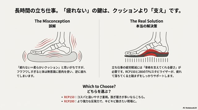 アーチサポートが高いRCP280と、低めに設計されたLAM55634の形状比較図