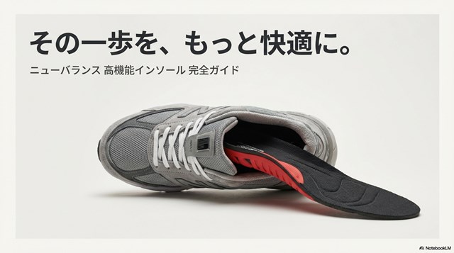 ニューバランスのスニーカーと、その中に挿入される赤い機能性インソールのイメージ画像