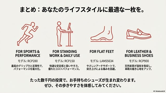 スポーツ、立ち仕事、ビジネス、扁平足など、目的別に最適なインソールモデルを提案するまとめチャート