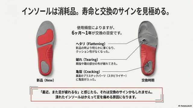 インソールの摩耗、布の破れ、プラスチックパーツの亀裂など、交換が必要な劣化状態を示したイラスト