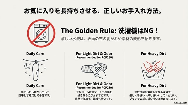 洗濯機使用禁止のマークと、陰干しやアルコール除菌シートによる正しいケア方法のアイコン