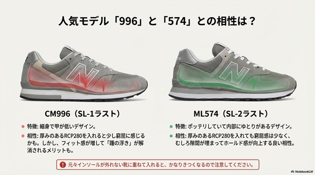 細身のCM996とゆとりのあるML574にインソールを入れた際のフィット感の違いを表した透視イメージ