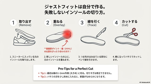 元のインソールを取り出し、重ねて線を引き、線に沿ってカットするまでの手順を描いたイラスト