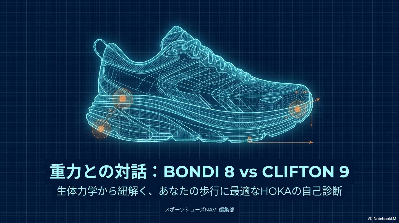 HOKAの代表的な厚底シューズ、ボンダイ8とクリフトン9をバイオメカニクスの視点から比較する解説資料の表紙。