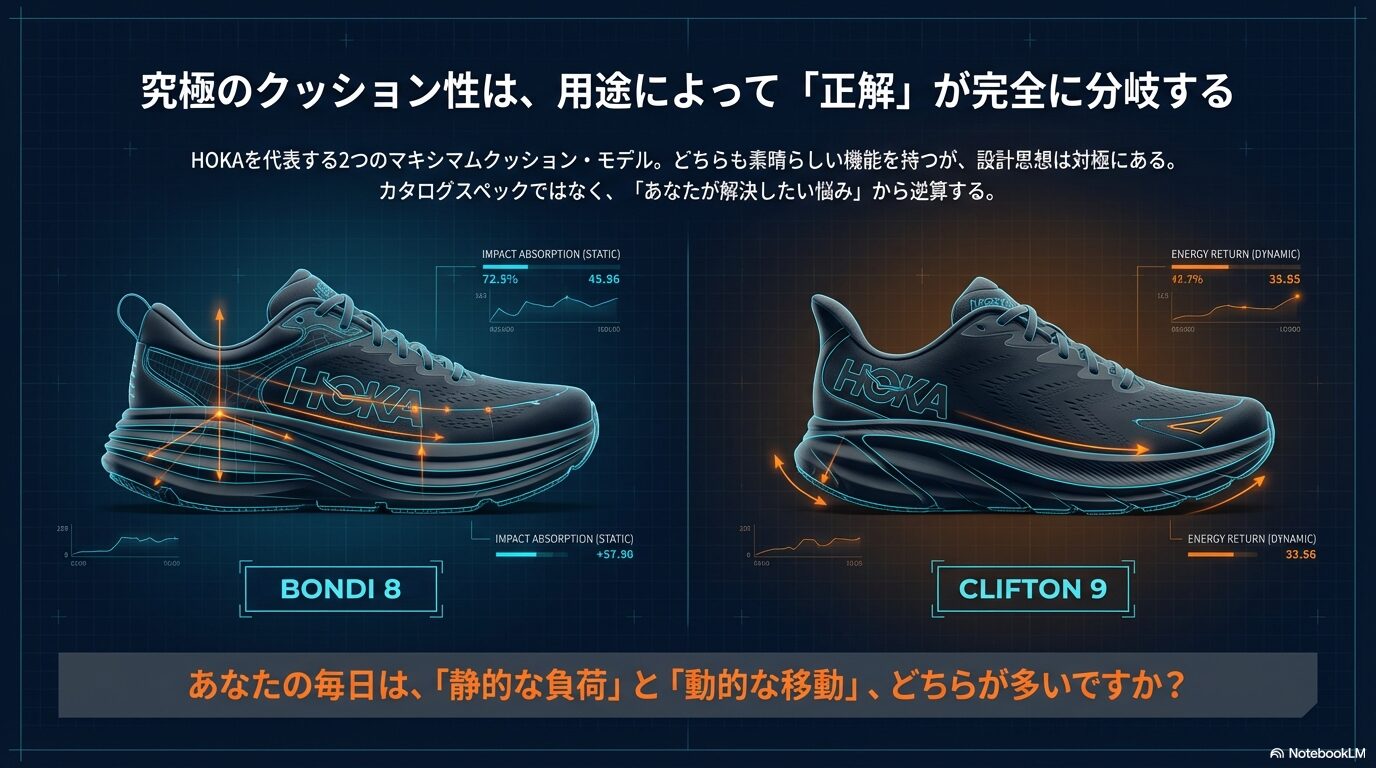 ボンダイ8とクリフトン9の衝撃吸収率（静的）とエネルギーリターン率（動的）の数値をグラフ化した比較図。