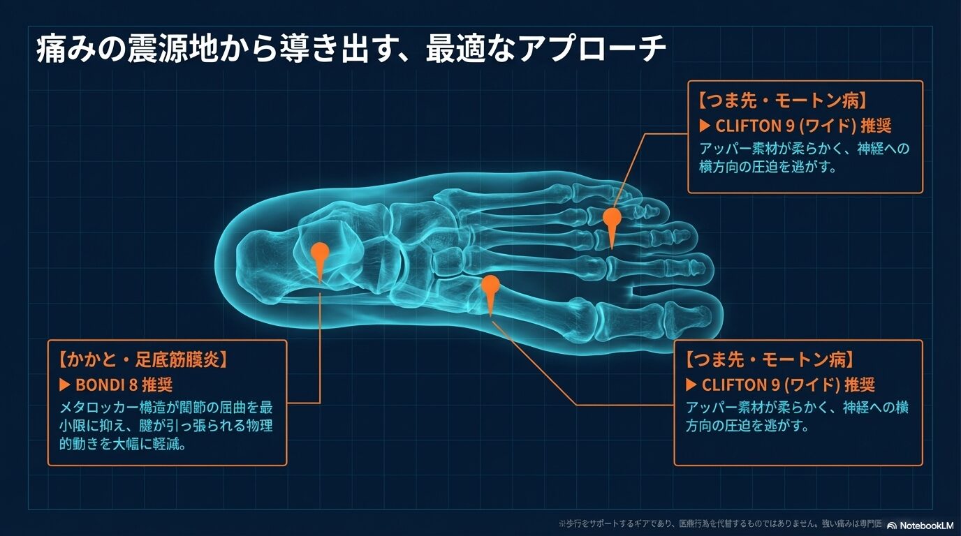 足底筋膜炎にはボンダイ8、モートン病やつま先の痛みにはクリフトン9（ワイド）を推奨する、症状に基づいた選択基準。