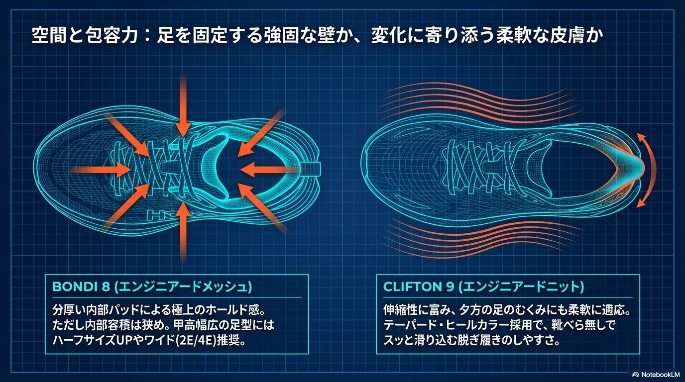 ボンダイ8のエンジニアードメッシュによるホールド感と、クリフトン9のエンジニアードニットによる柔軟性の比較。