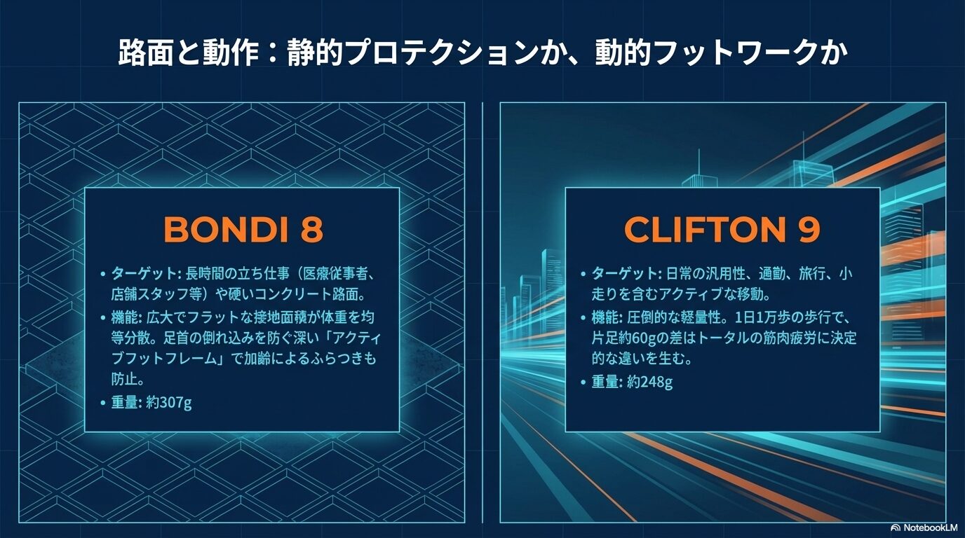 ボンダイ8（307g・立ち仕事向け）とクリフトン9（248g・アクティブな移動向け）の重量と具体的な推奨シーンの比較。