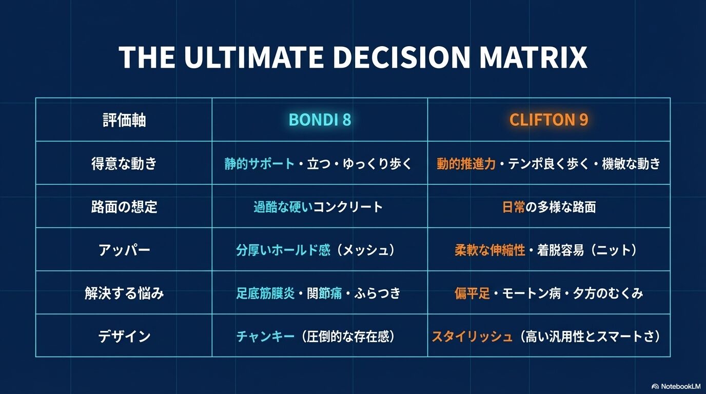 得意な動き、路面、悩み、デザインなど、評価軸ごとに両モデルの特性を整理した比較表。