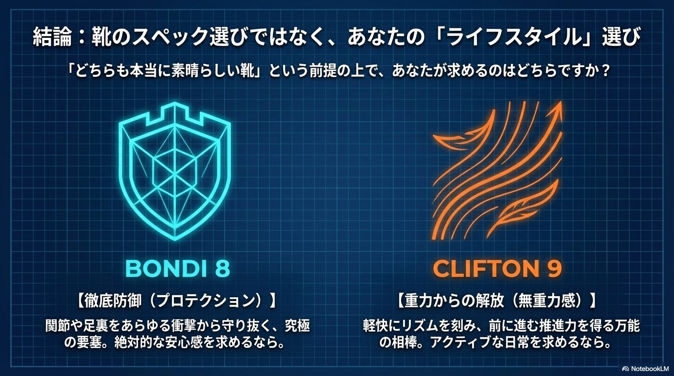 「徹底防御（プロテクション）」のボンダイ8か、「重力からの解放（無重力感）」のクリフトン9か、ライフスタイルに基づいた最終選択のガイド。 