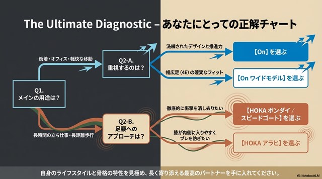 メインの用途や重視するポイントから、洗練されたデザインのOnや衝撃を消し去るHOKAなどの最適解を導き出すフローチャート