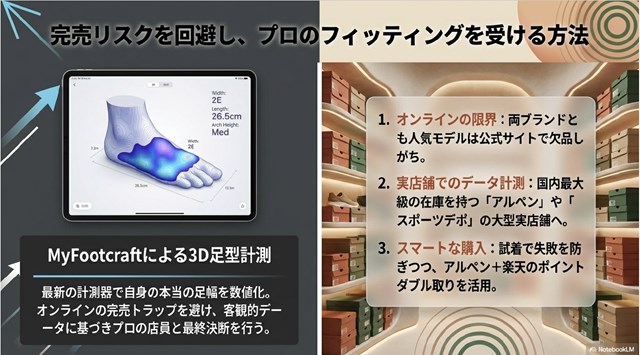 完売リスクを回避し、MyFootcraftによる3D足型計測で本当の足幅を数値化する様子