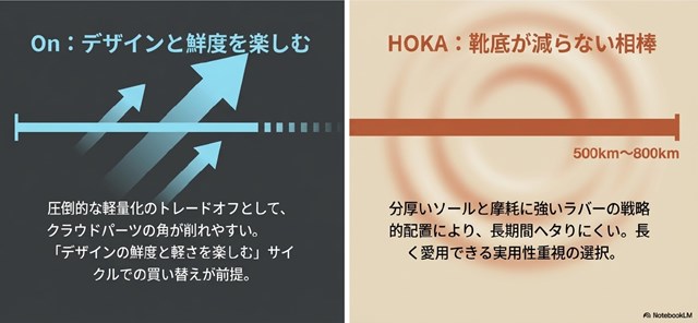 デザインを楽しむOnと、靴底が減らない相棒としてのHOKAの寿命の違い