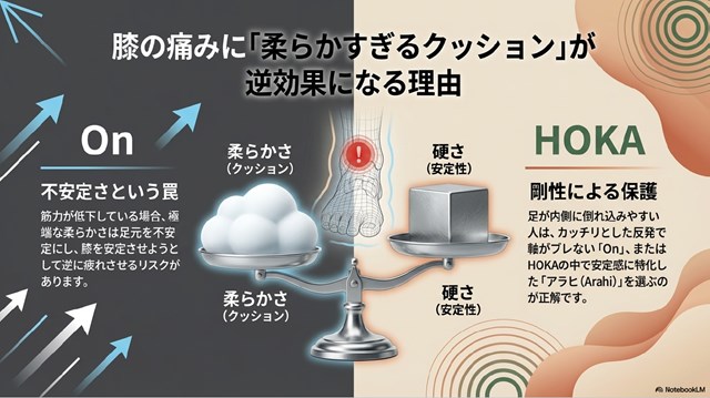 筋力低下時の不安定さという罠と、剛性による保護の重要性を解説した図