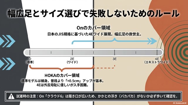 Onの4Eワイド展開と、HOKAの標準モデルや4Eモデルのカバー領域を比較したサイズ選びのルール