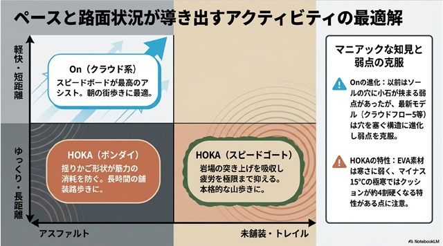 軽快・短距離からゆっくり・長距離まで、ペースと路面状況が導き出すアクティビティ別の最適解を示すマトリクス図
