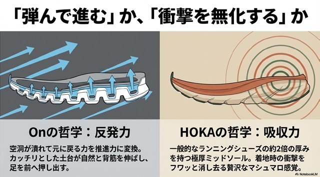 Onの反発力とHOKAの吸収力の哲学の違いを解説したクッション構造の比較図