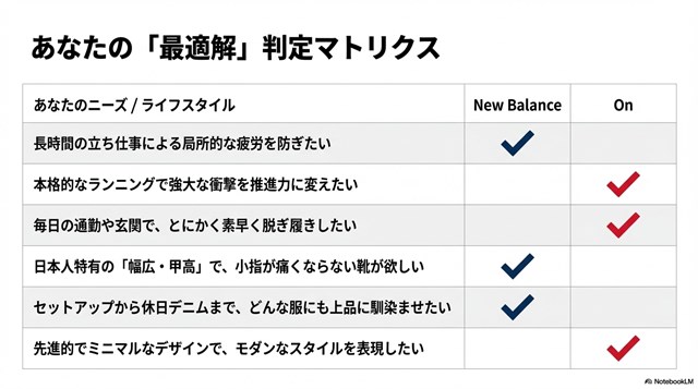 Onとニューバランスのどちらが自分に合っているかを確認するための最終チェックリスト。日常履き・ランニング・立ち仕事などの用途や、デザインの好みに合わせた選択基準がまとめられています。