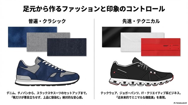 普遍的でクラシックなニューバランスと、先進的でテクニカルなOnのファッション性を比較したスライド。デニムからスーツまで合う安心感と、テックウェアに合う機能美の違いを説明しています。