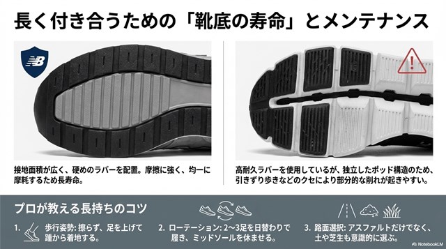 靴底の寿命とメンテナンスに関するスライド。接地面積の広いニューバランスと独立ポッド構造のOnの摩耗傾向の違い、および長持ちさせる3つのコツ（姿勢、ローテーション、路面選択）が紹介されています。