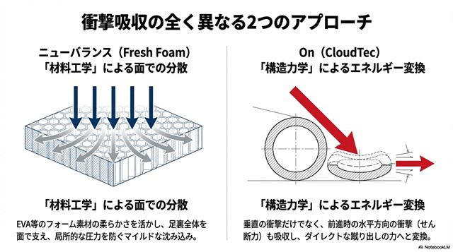 ウォーキングとランニングにおけるニューバランスとOnの比較スライド。ウォーキングではニューバランスの安心感、ランニングではOnのリズミカルな推進力が強調されています。