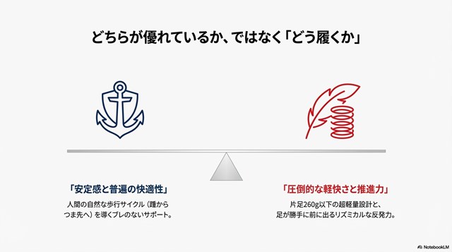 ニューバランスの安定感と普遍の快適性、Onの圧倒的な軽快さと推進力を比較したスライド。それぞれの歩行サイクルと重量設計の特徴が記載されています。