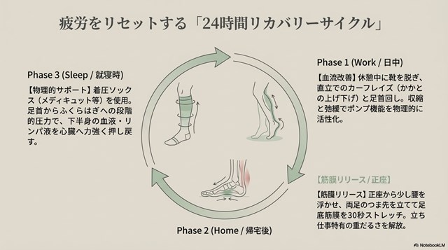 着圧ソックスによるポンプ機能の補助、カーフレイズ、足底筋膜を伸ばすストレッチの方法をまとめた解説スライド。