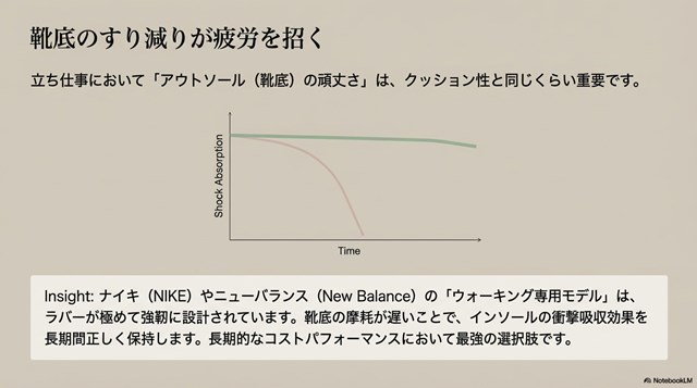 ニューバランスやナイキなどのウォーキングラインにおける、耐摩耗ラバーと衝撃吸収ソールの仕組みを解説した図解。