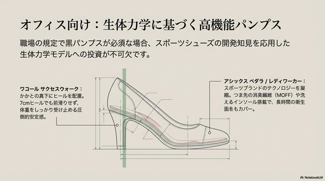 ワコールのサクセスウォークやアシックスのペダラなど、生体力学に基づいて設計された疲れにくいパンプスの特徴解説。