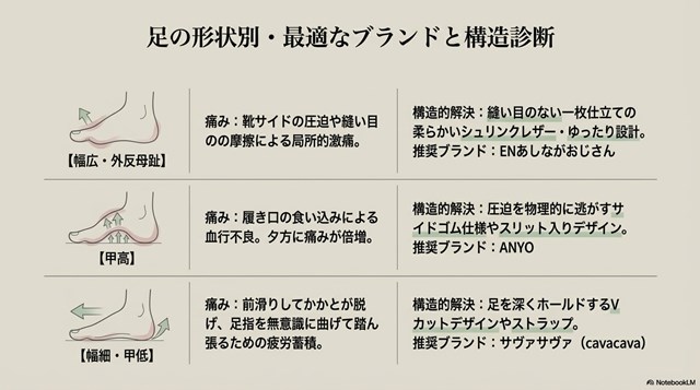 幅広・甲高・幅細の足の悩み別に、構造的解決策と推奨ブランド(ENあしながおじさん、ANYO、サヴァサヴァ)をまとめた比較表。