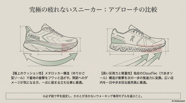 HOKAの極上のクッション性とOnの高い反発力・軽量性を比較した、立ち仕事におすすめのスニーカー解説。