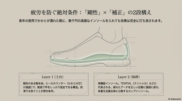 足の疲労を防ぐために必要な「剛性(かかと・ソールの強さ)」と「補正(インソールによるアーチサポート)」の2段構えアプローチの解説。