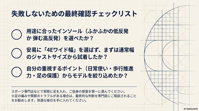 用途に合わせたおすすめモデルの最終まとめ。自分にぴったりの一足を見つけるための診断結果一覧。