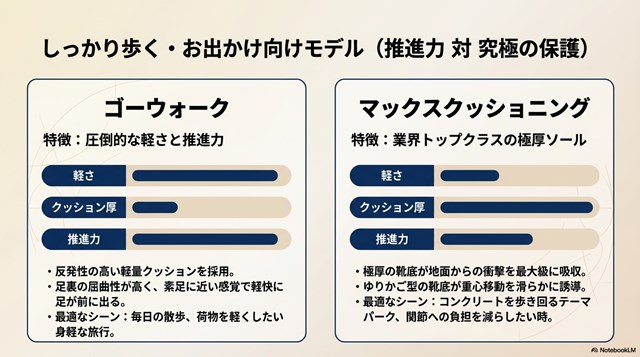 軽さと推進力の「ゴーウォーク」と、極厚ソールで衝撃吸収する「マックスクッショニング」の機能比較。