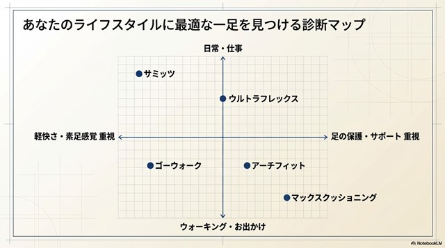 日常用からウォーキング用まで、軽快さやサポート性を軸に5つの主要モデルを分類したマップ。