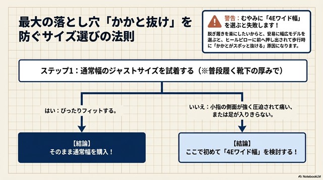 安易に4Eワイドを選ばず、まずは通常幅を試すことを推奨する「サイズ選びの法則」の図解 。