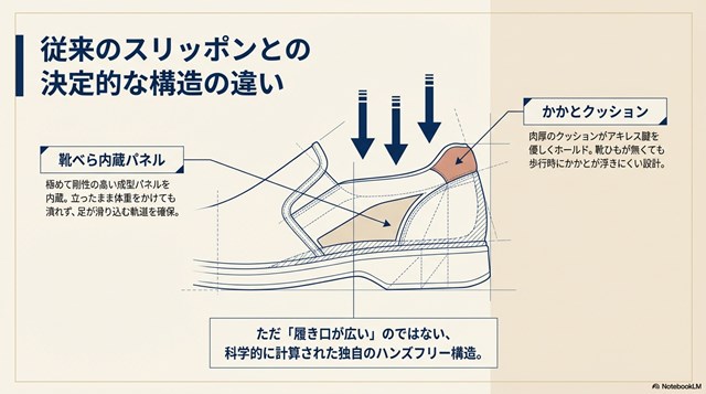 靴べら内蔵パネルとヒールピロークッションの断面図。立ったまま履ける独自の構造を解説しています 。