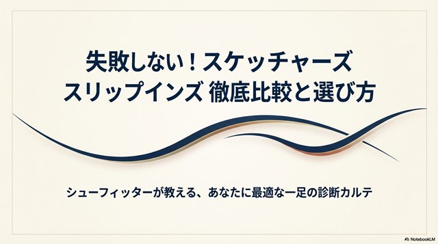 「失敗しない！スケッチャーズ スリップインズ 徹底比較と選び方」というタイトルの表紙スライド 。