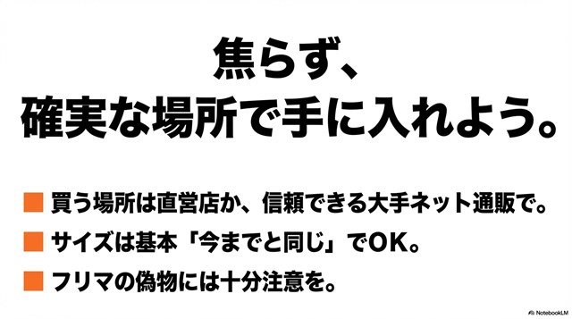 2002r購入ガイドのまとめ。信頼できる場所での購入、サイズ選びの基本、偽物への注意を促すチェックリスト。