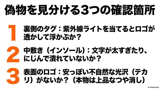 偽物を見分ける3つのポイント。裏側タグの紫外線ライト反応、インソールの印字、表面ロゴの光沢感(つや消しかどうか)の比較。