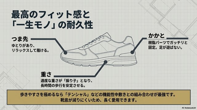 ゆとりのあるつま先、樹脂パーツで固定するかかと、安定した歩行を生む適度な重さによる最高のフィット感と耐久性の解説