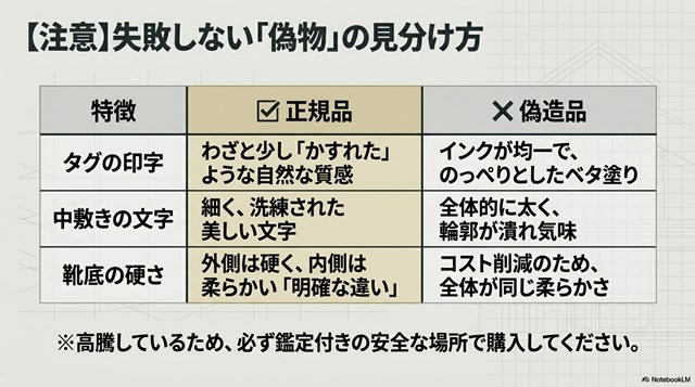 タグの印字の質感、中敷きの文字の太さ、靴底の硬さの違いから見る、992の正規品と偽造品の見分け方比較表